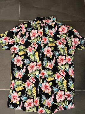 SSLR Black Hawaiian Shirt — Pink Floral